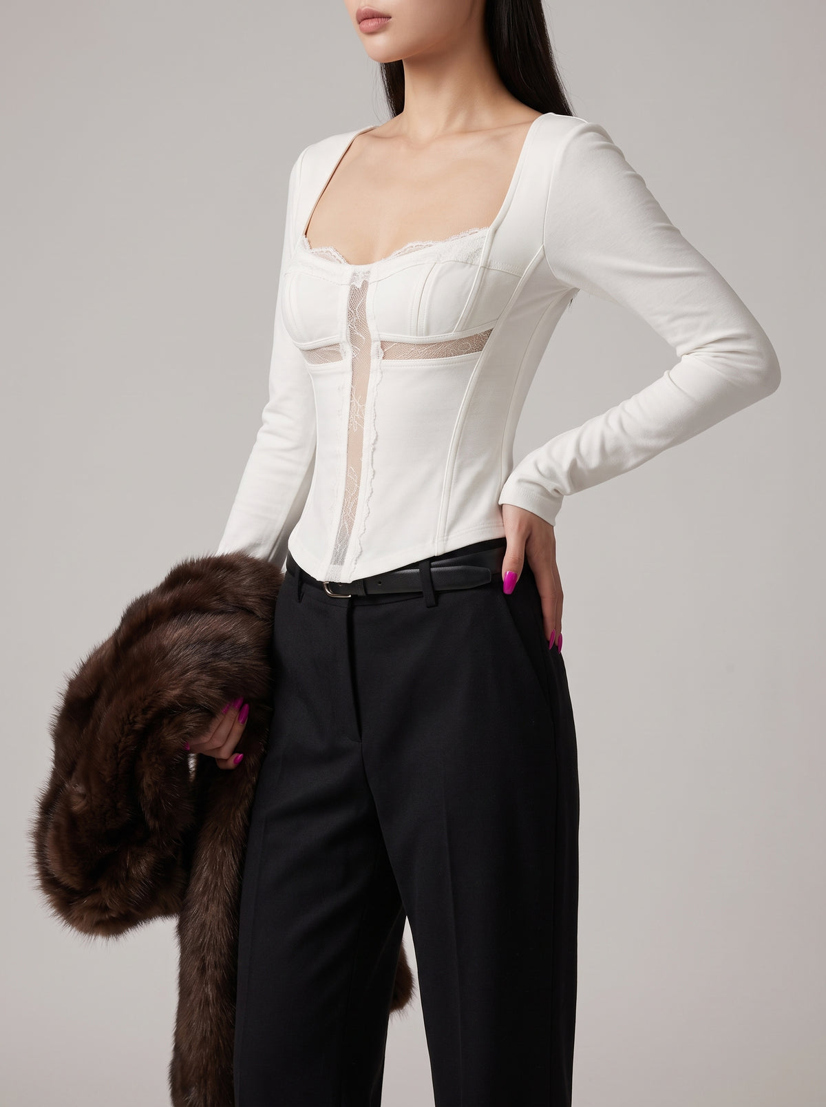 Aneta Square Neck Lace Patchwork T-Shirt — White