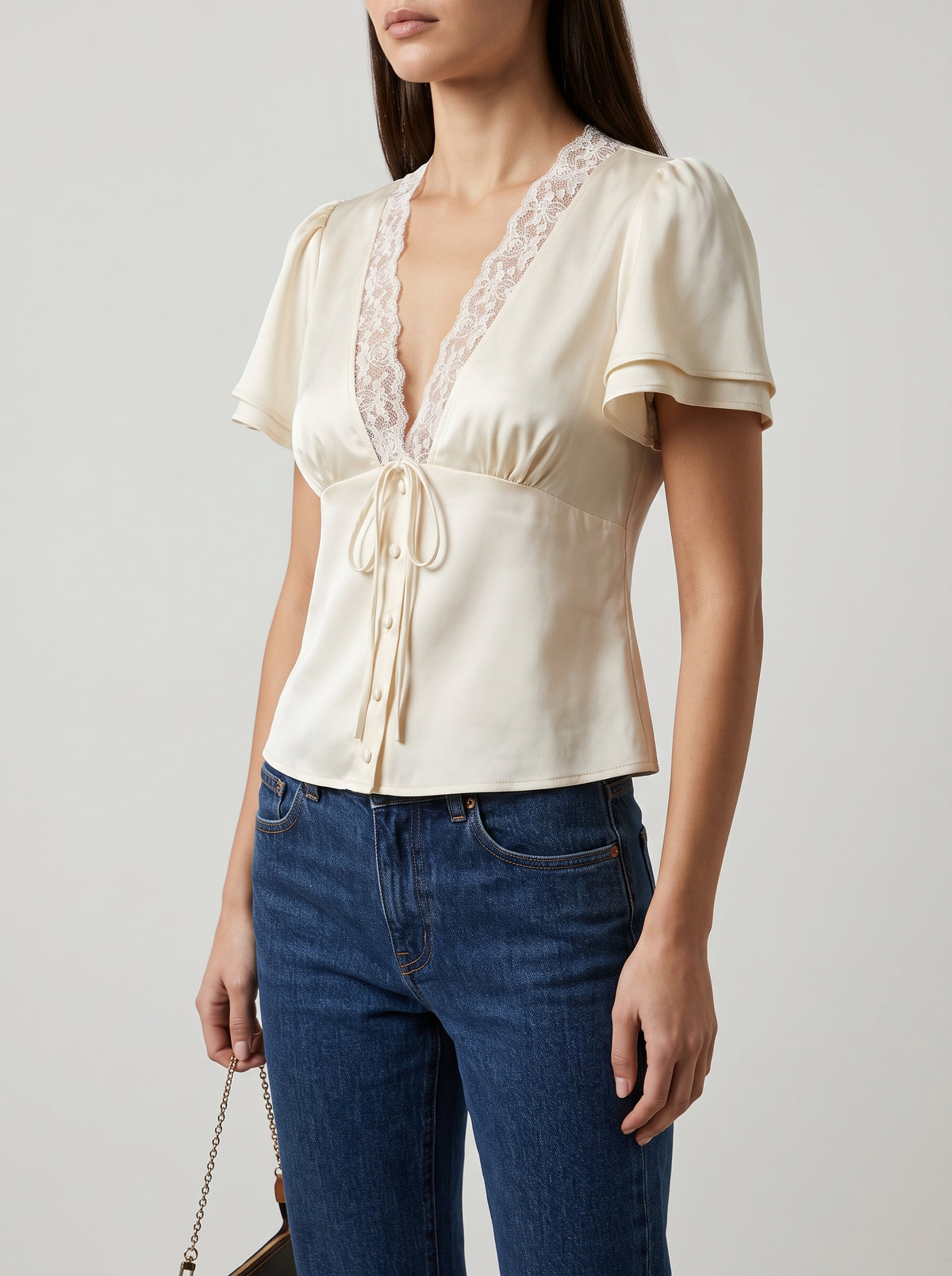 Short Sleeve Lace Rosette Blouse — Champagne