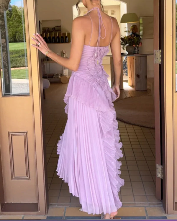 Lorelie · Robe Longue Plissée à Volants, Col Halter