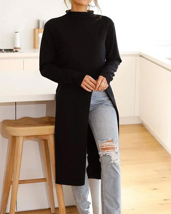 Pull Long Fendu en Tricot, Col Montant Asymétrique