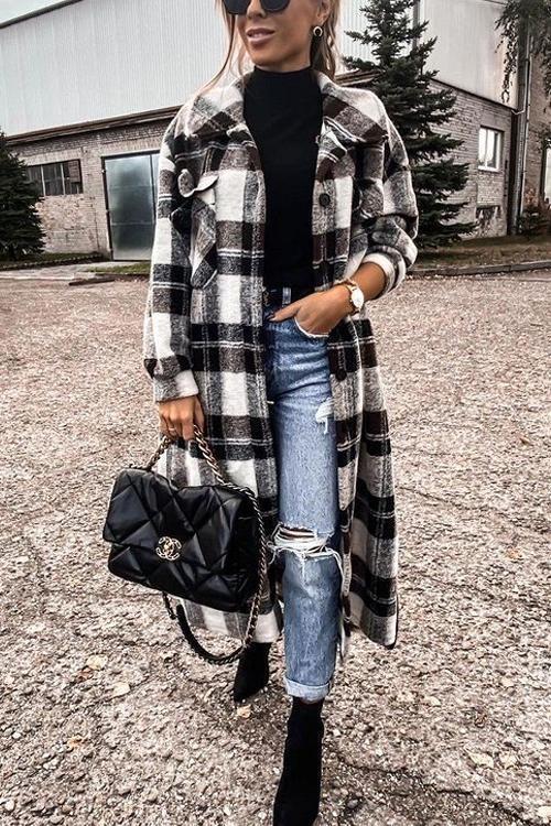 Manteau Long en Laine à Carreaux, Nouvelle Collection