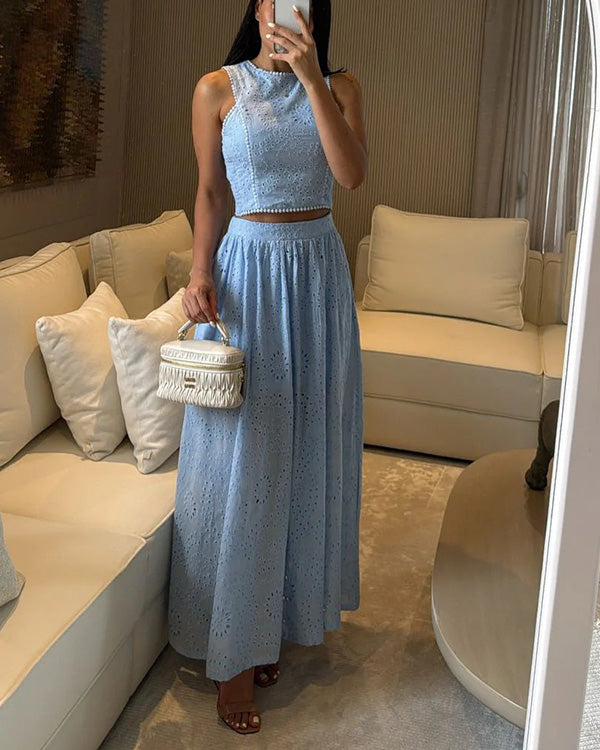 Ensemble Top Ajouré Sans Manches et Jupe en Coton, 2 Pièces