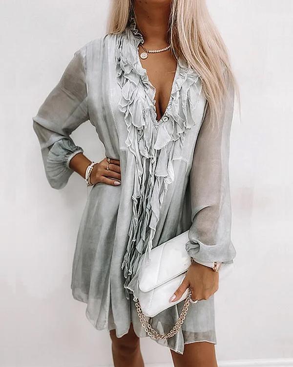 Robe en Mousseline, Col en V, Soie et Pompons à Volants