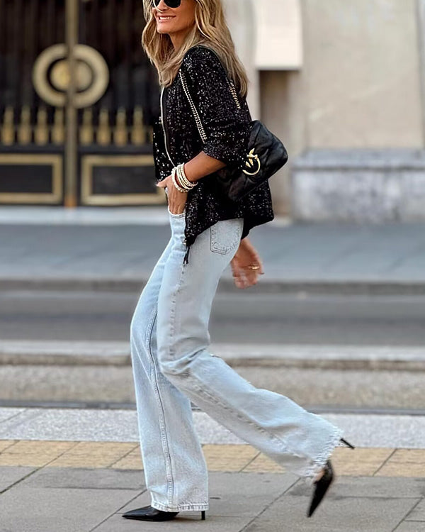 Veste Bombardier Brillante à Sequins, Style Urbain