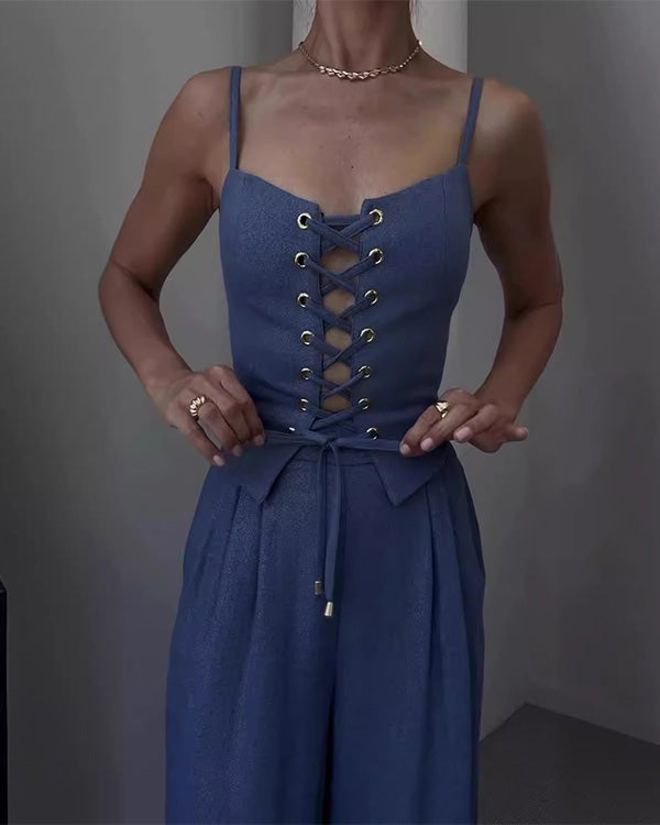 Ensemble Crop Top Nuisette Noué et Pantalon Large