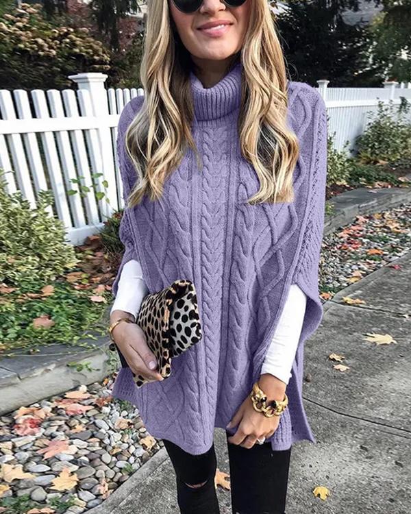 Pull Poncho Cape Col Roulé, Détail Torsadé