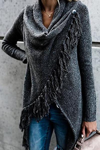 Pull Asymétrique, Col Bénitier, à Pompons