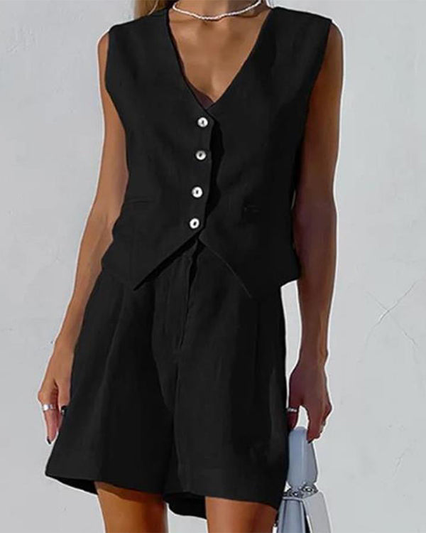 Ensemble Gilet Boutonné Col en V et Short