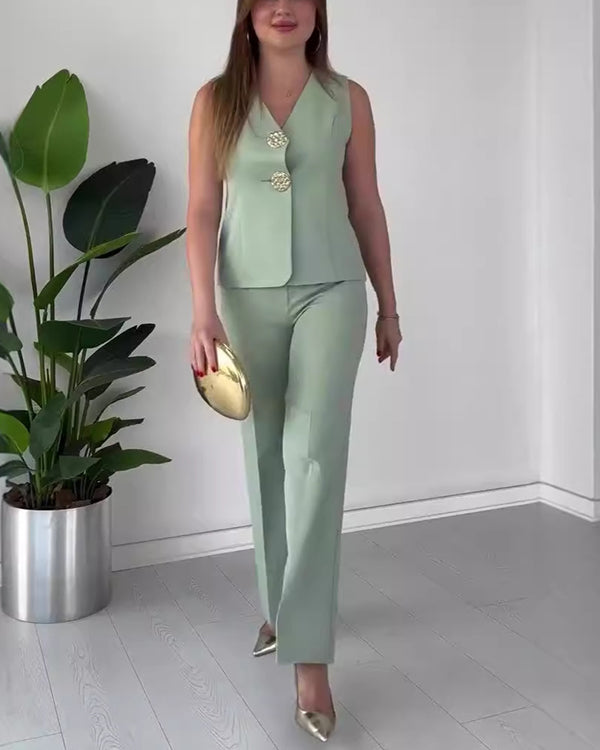 Ensemble Gilet à Gros Boutons Dorés et Pantalon Citadin 2 Pièces