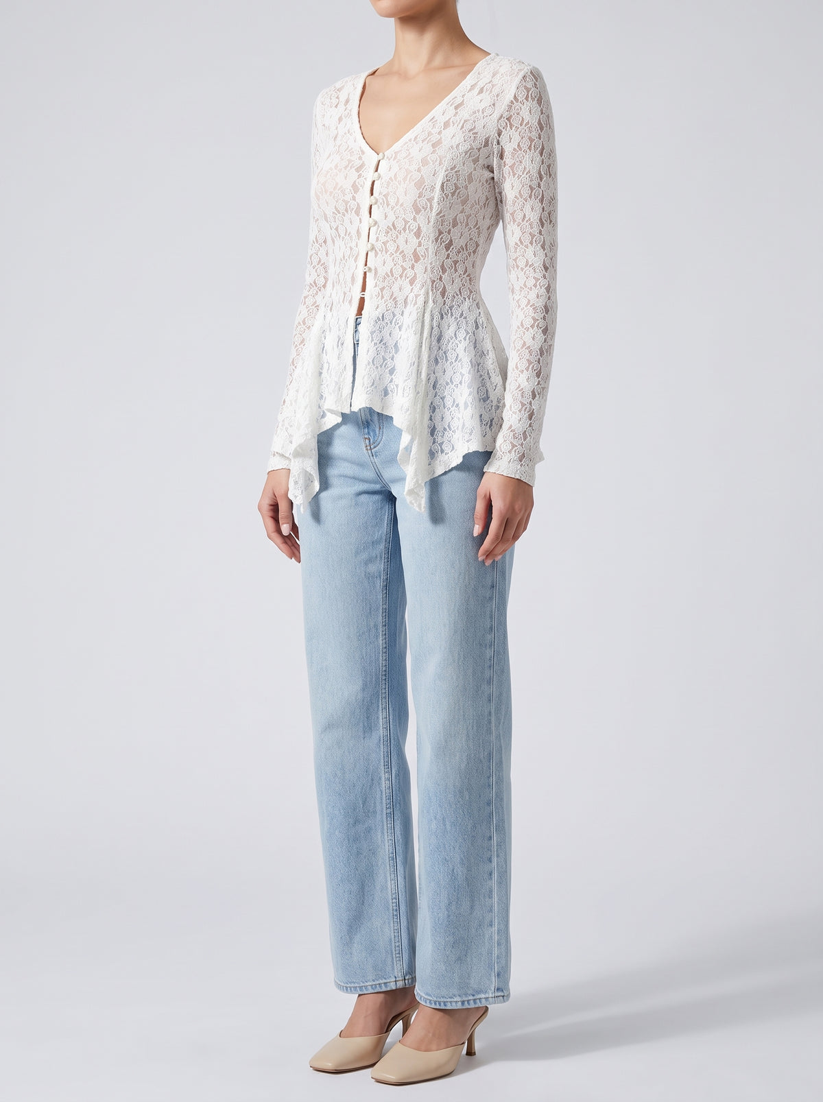 Jenna Sheer Jacquard Cardigan with Asymmetric Hem - Beige