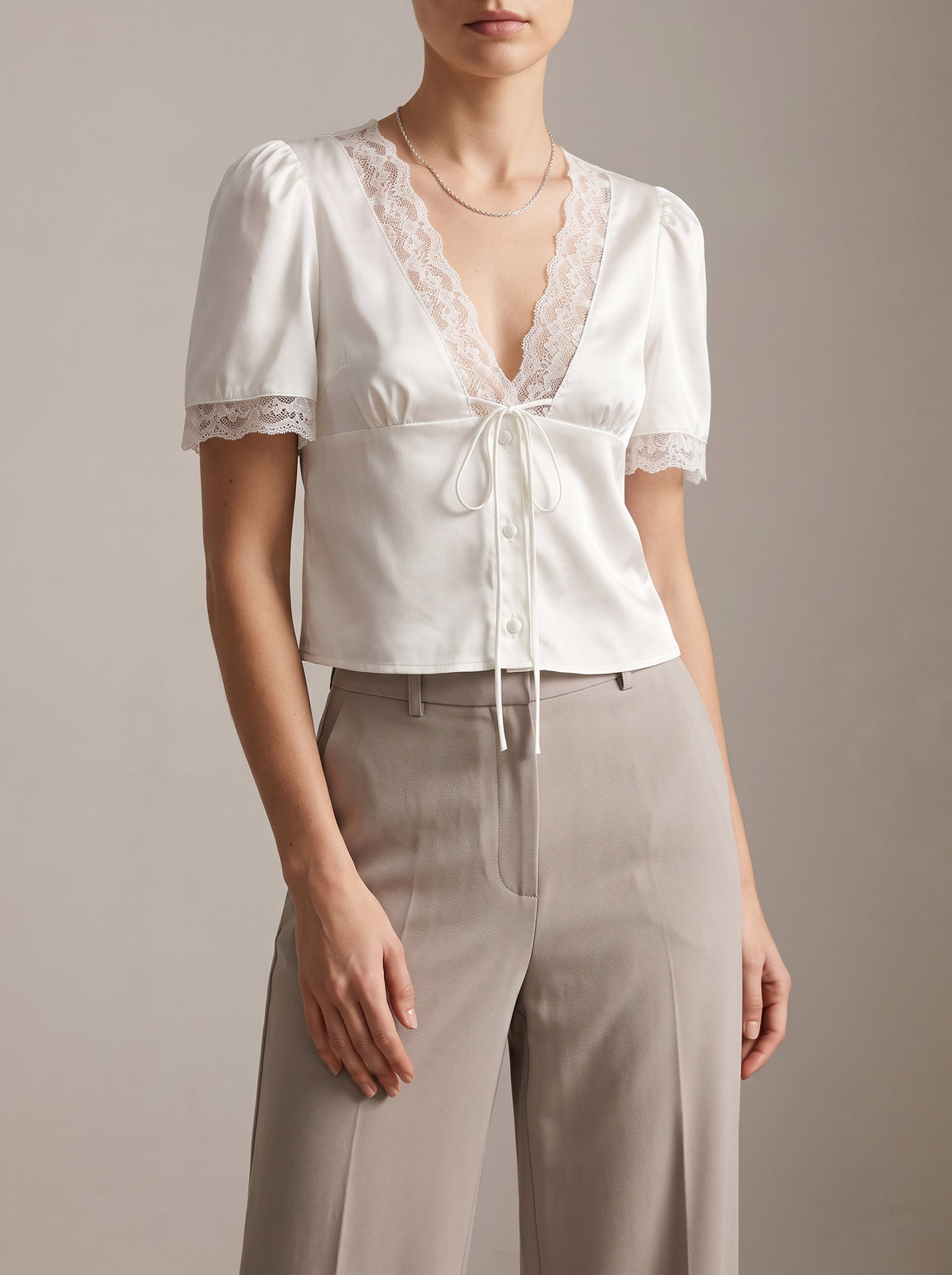Nathalie Satin and Lace Blouse — White