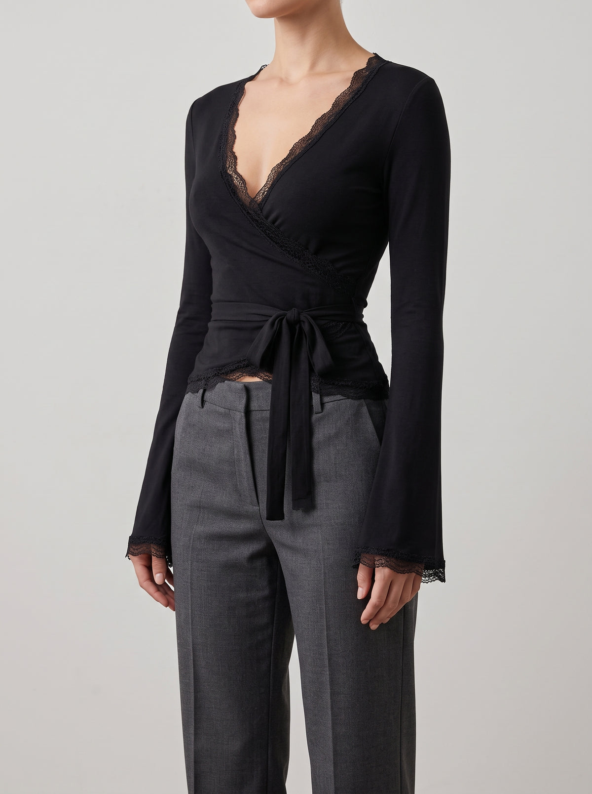 Camila Lace Wrap Top with Flared Sleeves — Black