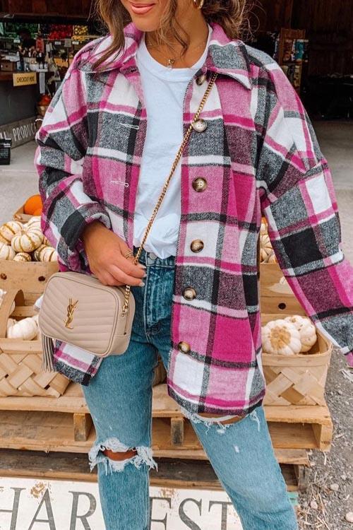 Manteau Chemise Épais à Boutons Métalliques, Carreaux Anglais