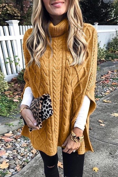 Pull Poncho Cape Col Roulé, Détail Torsadé