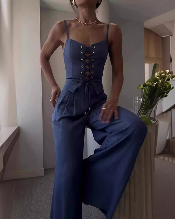 Ensemble Crop Top Nuisette Noué et Pantalon Large