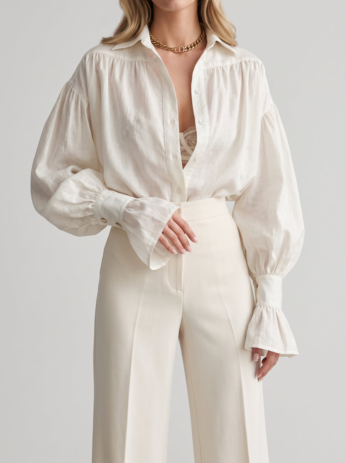 Isabella Oversized Puff Sleeve Tie Shirt — White