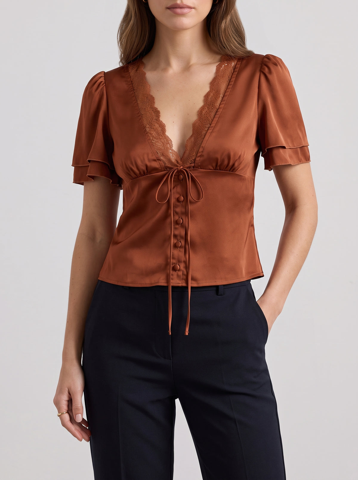 Nathalie Satin and Lace Blouse — Brown