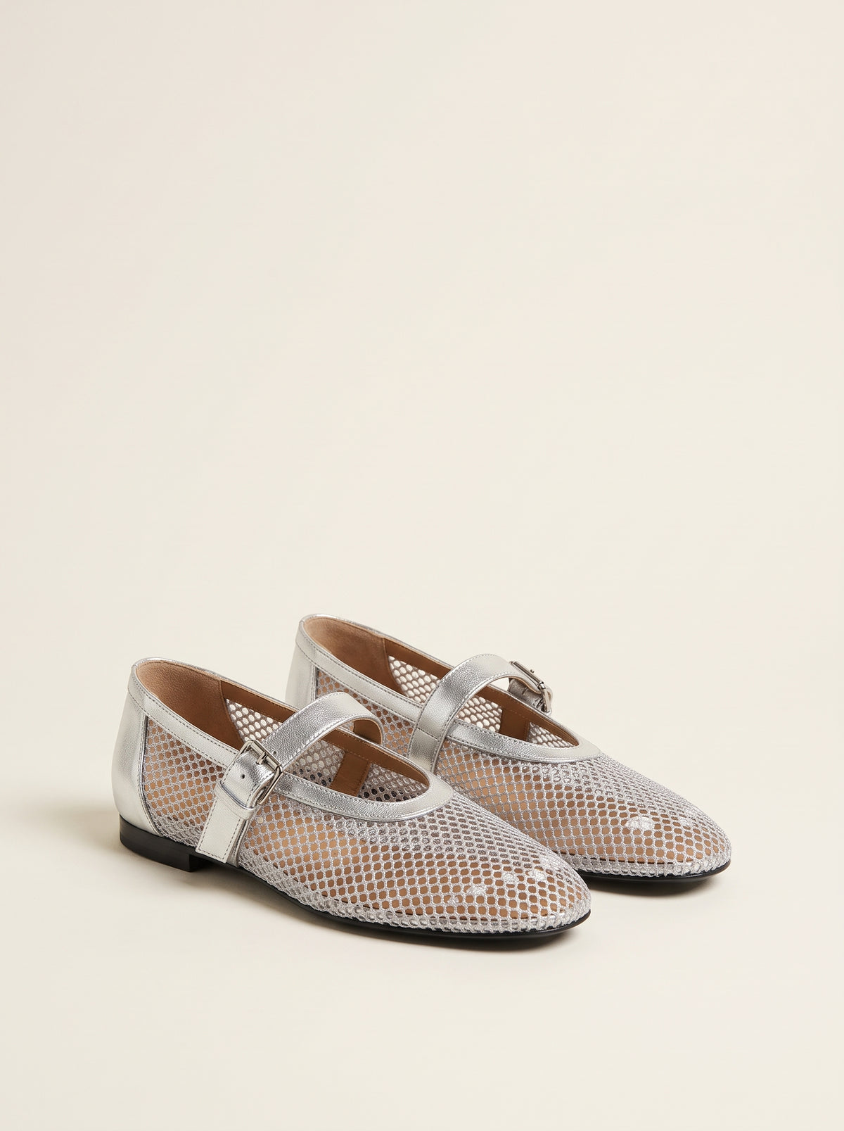 Bianca Mesh Ankle-Strap Ballet Flats — Silver