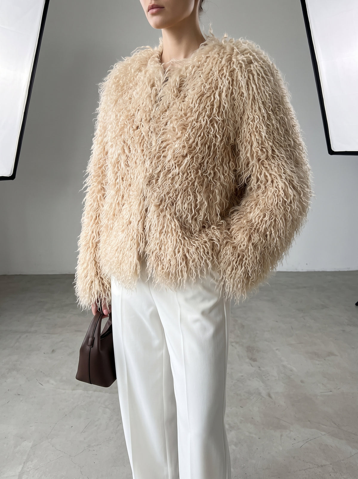 Elsie Short Fluffy Faux Fur Coat — Beige