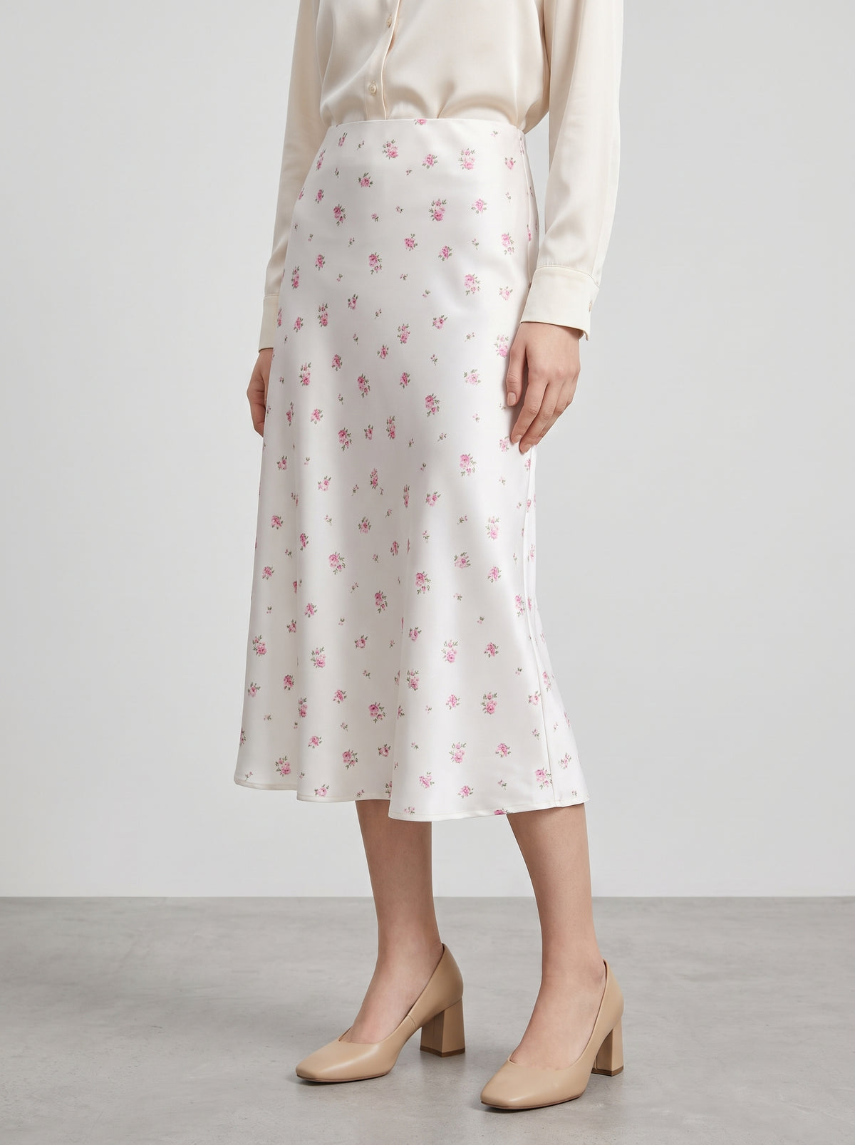 Jupe midi Kate en satin imprimé taille haute - Blanc