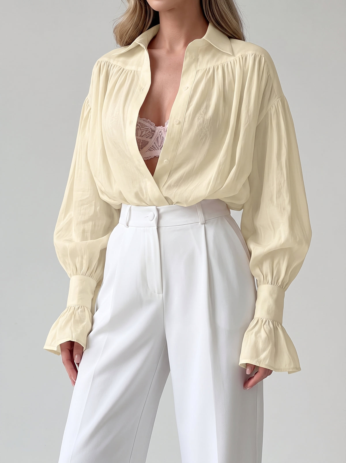 Brielle Sheer Button-Up Blouse - Yellow