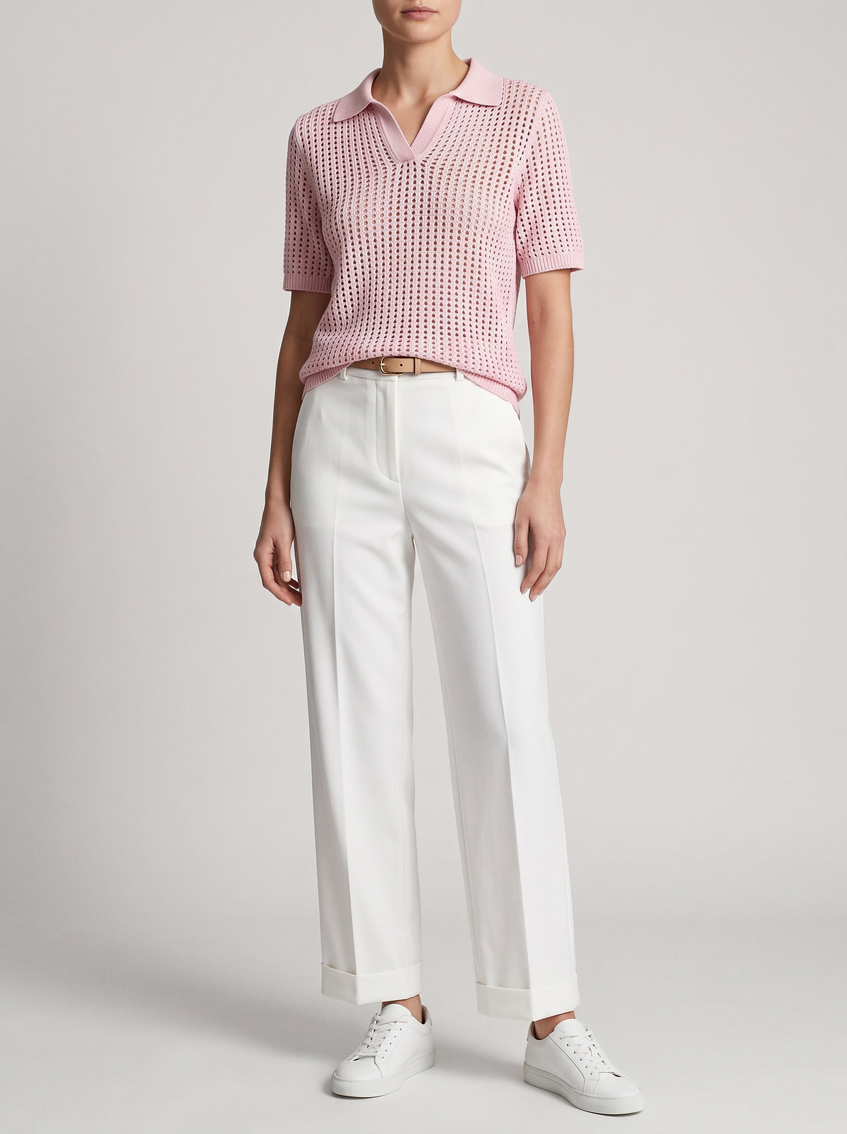 Adeline Pointelle Knit Polo Blouse — Pink