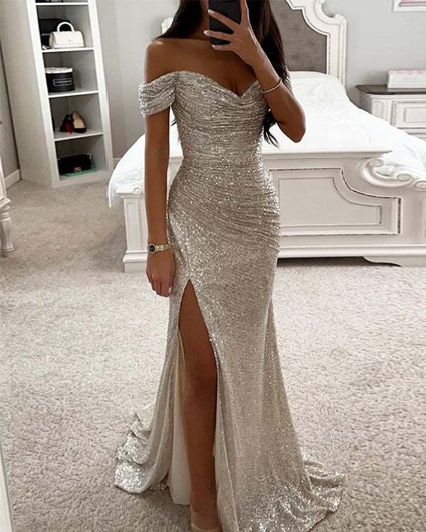 Robe de Soirée Longue, Col en V, Sequins et Fente