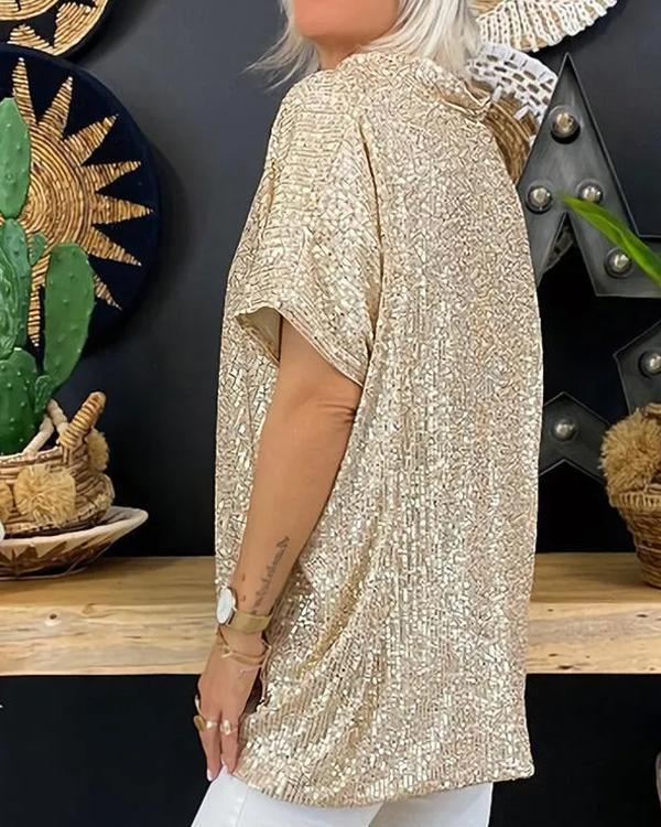 Top Ample Gracieux, Col en V, Sequins