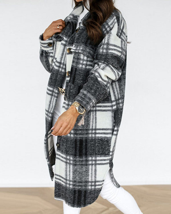 Manteau Long en Laine à Carreaux, Style Urbain