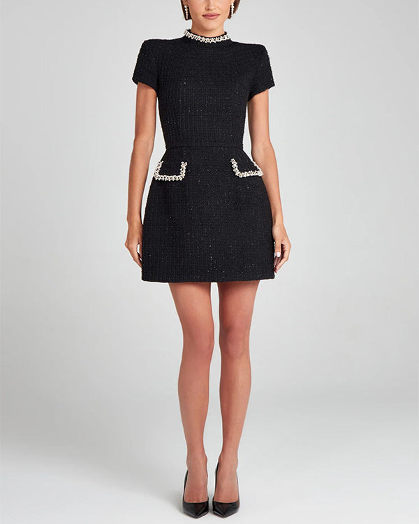 Robe Courte Chic Col Montant, Style Chanel