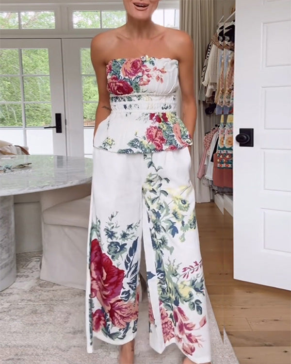 Ensemble Top Bustier Drapé Imprimé et Pantalon, 2 Pièces