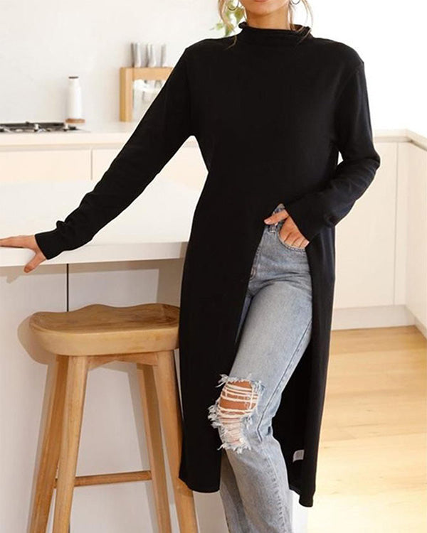 Pull Long Fendu en Tricot, Col Montant Asymétrique