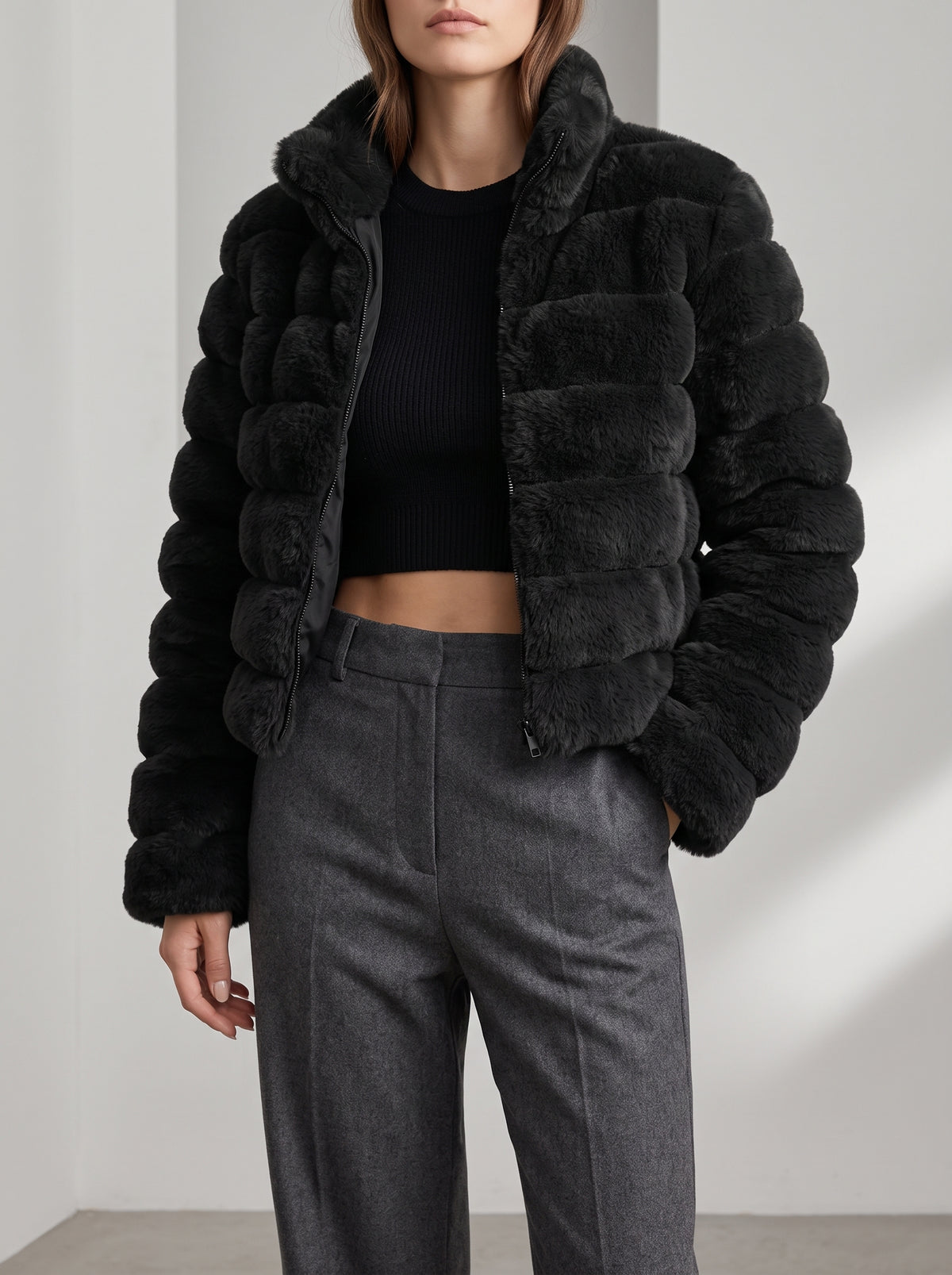 Blanche Stand-Collar Faux Fur Coat — Black