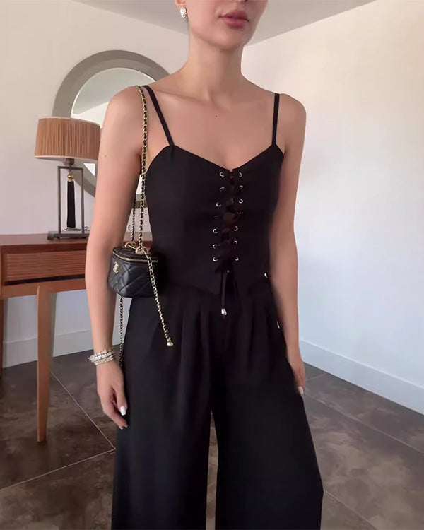 Ensemble Crop Top Nuisette Noué et Pantalon Large