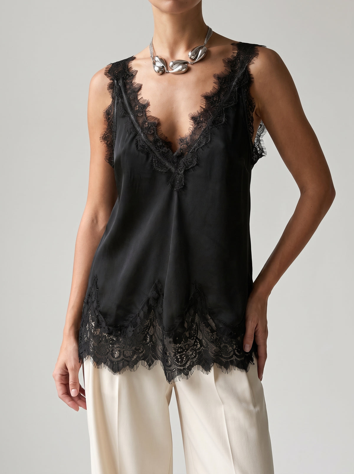 Marisol V-Neck Top with Lace Trim — Black