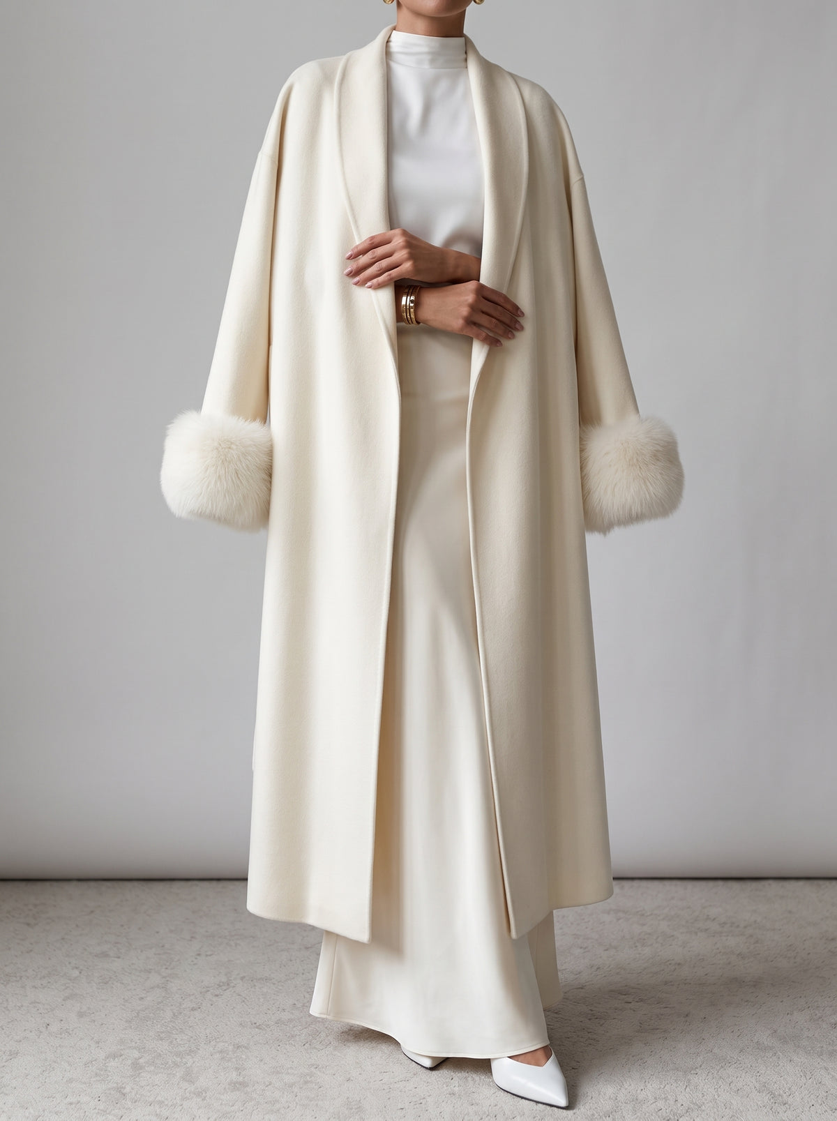 Wool Coat with Fox Fur Cuffs — White Long
