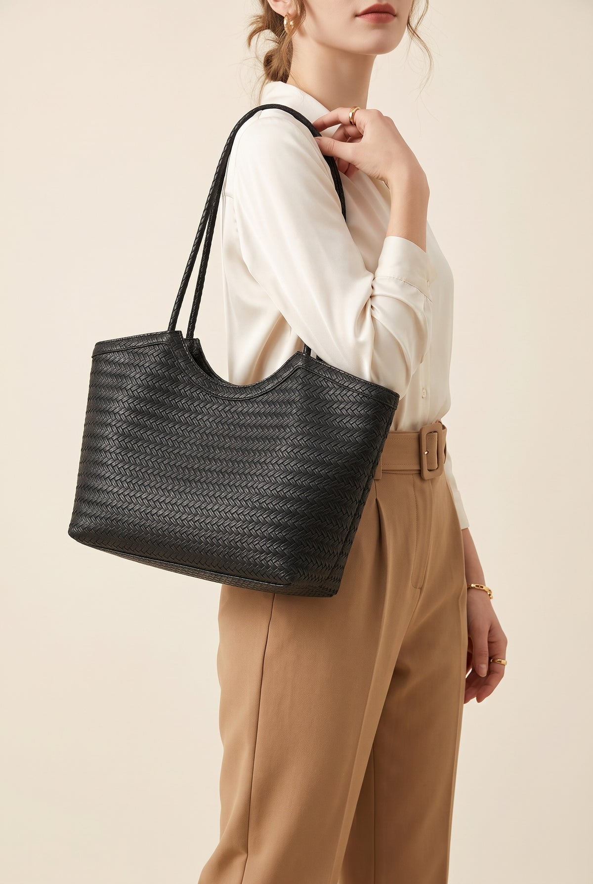 Elena Woven Faux Leather Handbag — On-Model View
