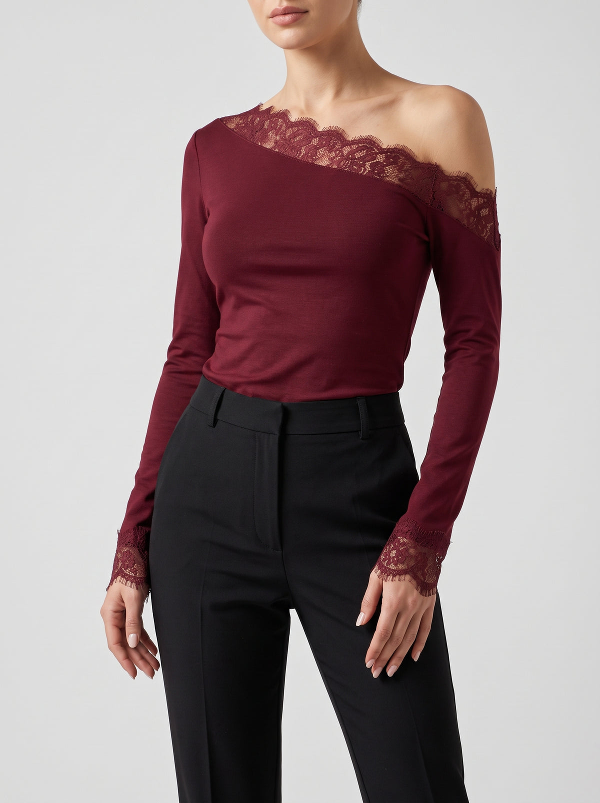 Lizzy Asymmetric Shoulder Lace Blouse — Wine