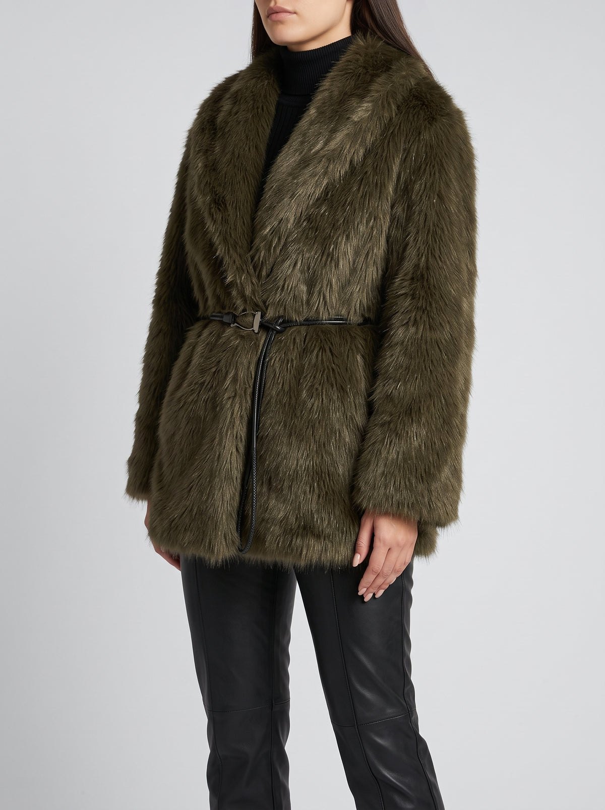 Faith Mid-Length Belted Faux Fur Coat — Dark Brown