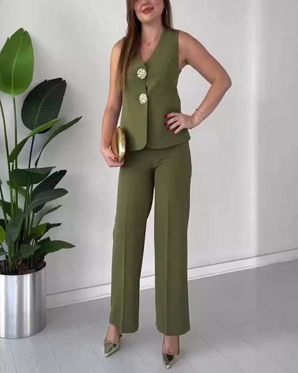 Ensemble Gilet à Gros Boutons Dorés et Pantalon Citadin 2 Pièces