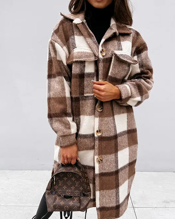 Manteau Long en Laine à Carreaux, Style Urbain