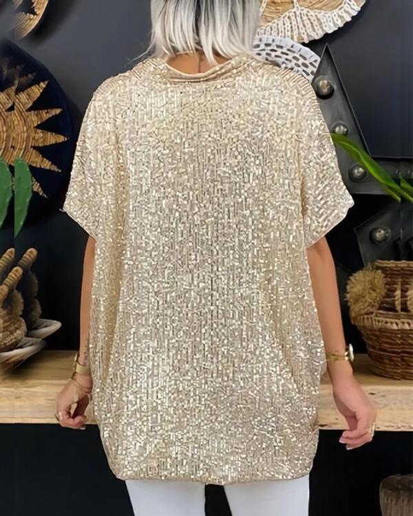 Top Ample Gracieux, Col en V, Sequins