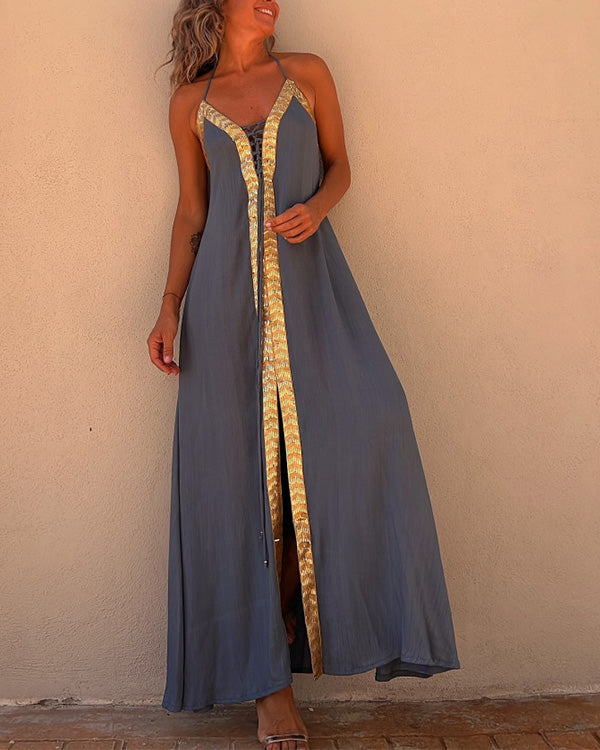 Robe Longue de Fête, Ruban Doré, Lacets