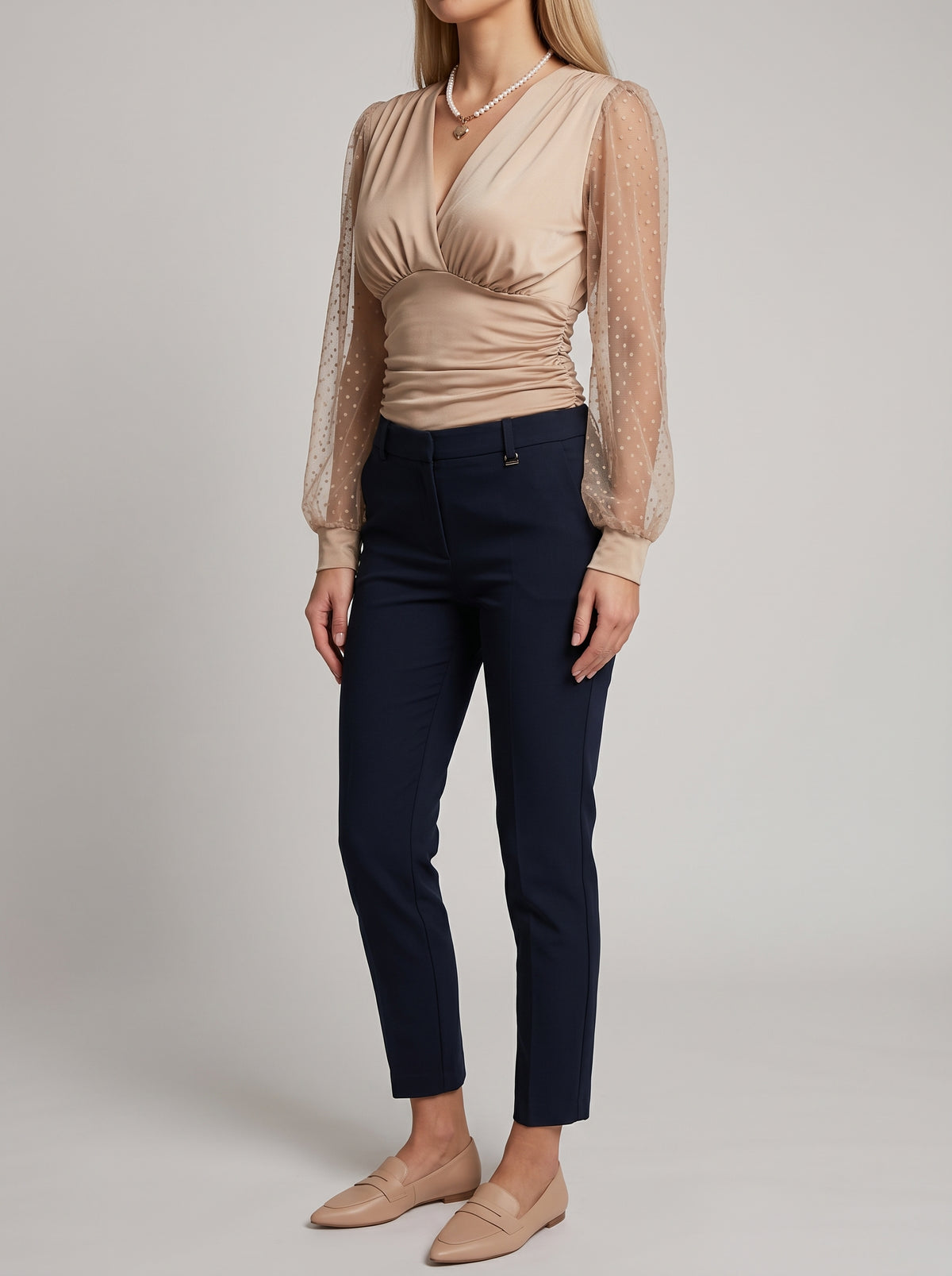 Beatrice Balloon Sleeve V-Neck Top — Beige