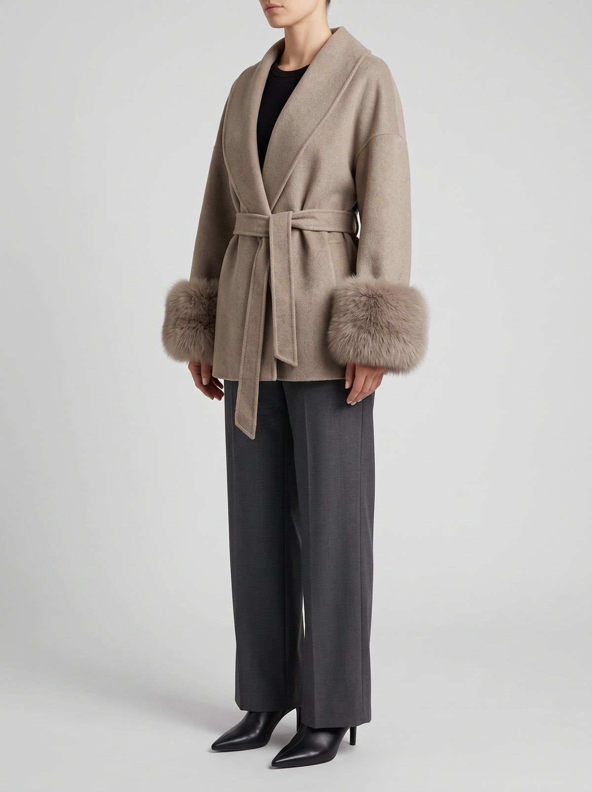 ÉLÉONORE — Wool-Blend Coat With Faux Fur Cuffs - Taupe