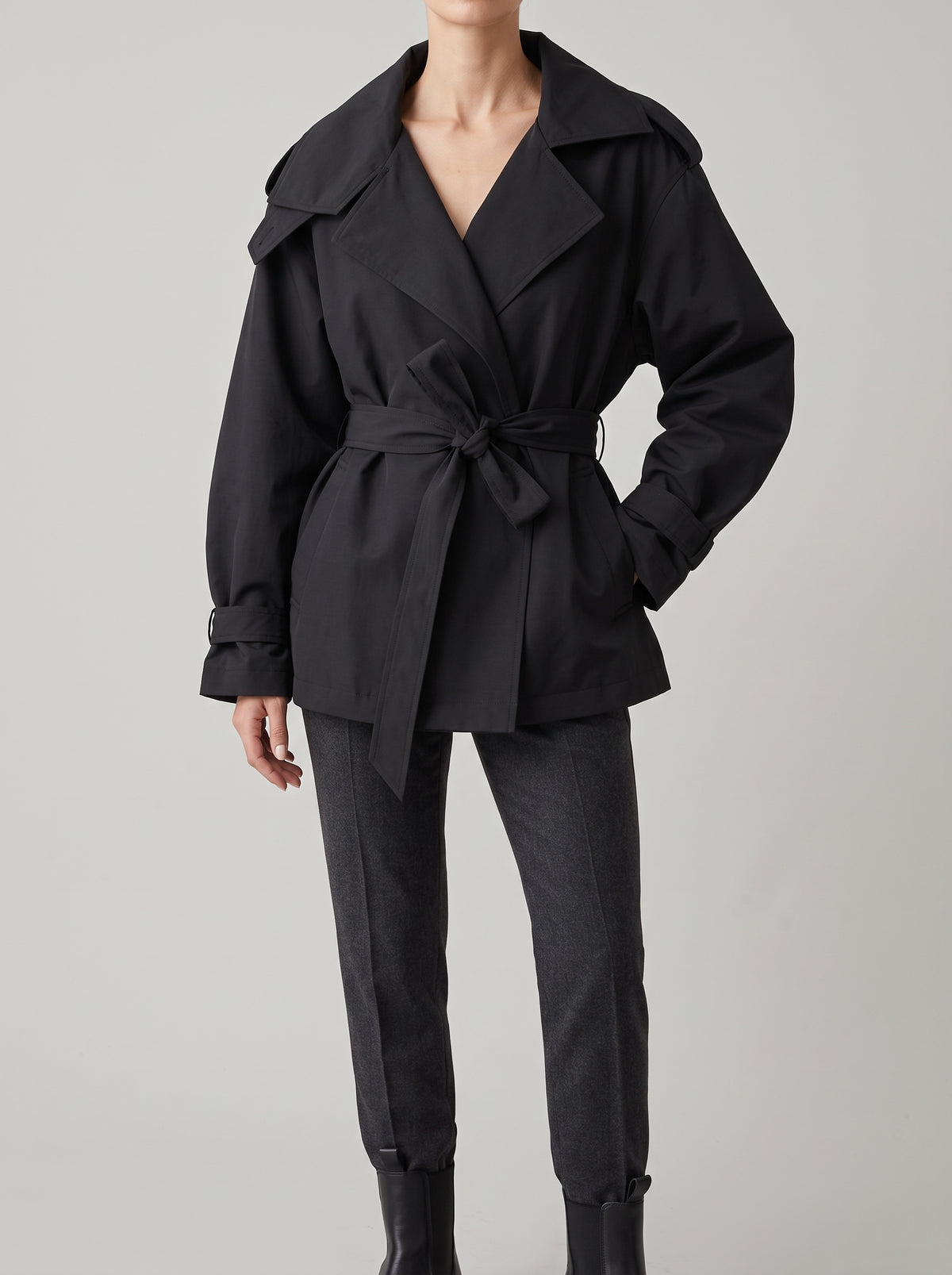 Hailey Cropped Faux Leather Trench Coat — Black