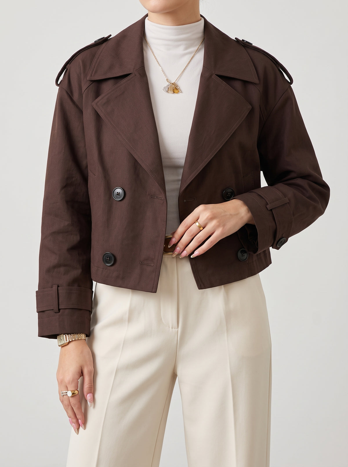 Janice Cropped Double-Breasted Trench Coat — Brown