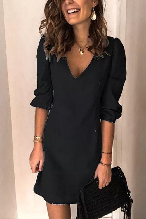 Robe en Denim Simple, Manches Bouffantes