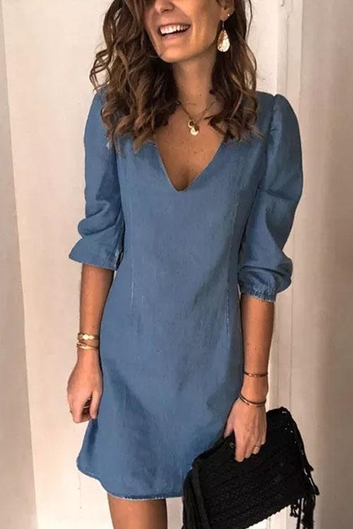 Robe en Denim Simple, Manches Bouffantes