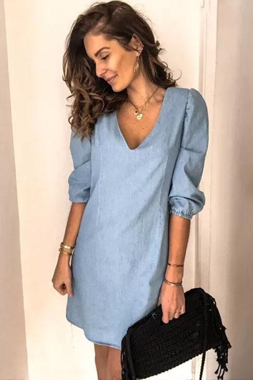 Robe en Denim Simple, Manches Bouffantes